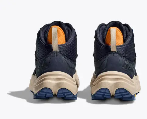 Men's Hoka Anacapa 2 MID GTX. Blue upper. Grey midsole. Rear view.