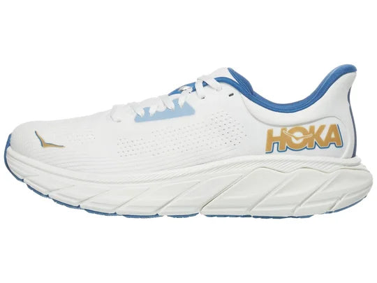 Men's Hoka Arahi 7. White upper. White midsole. Lateral view.