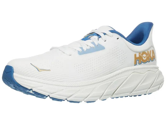 Men's Hoka Arahi 7. White upper. White midsole. Lateral view.
