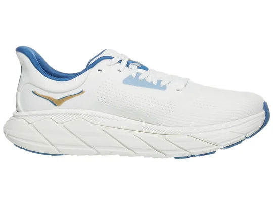 Men's Hoka Arahi 7. White upper. White midsole. Medial view.
