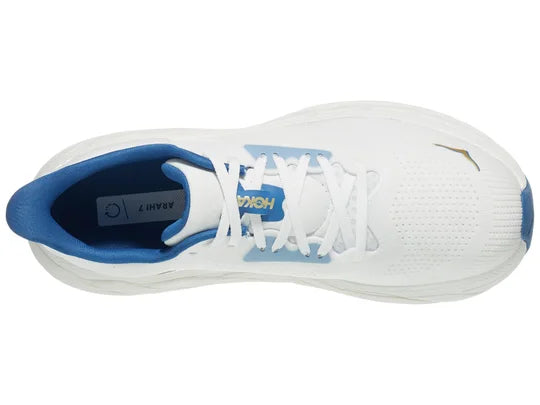 Men's Hoka Arahi 7. White upper. White midsole. Top view.