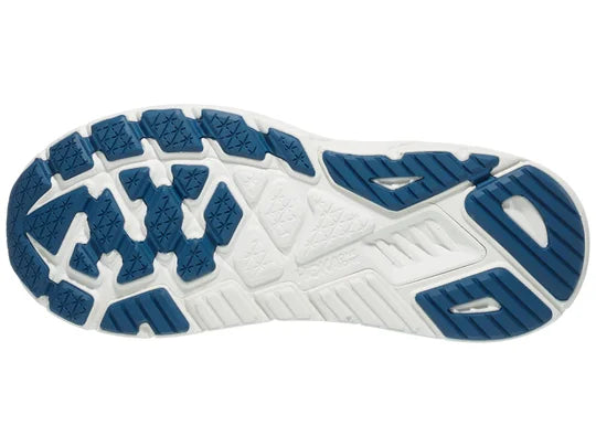 Men's Hoka Arahi 7. White upper. White midsole. Bottom view.