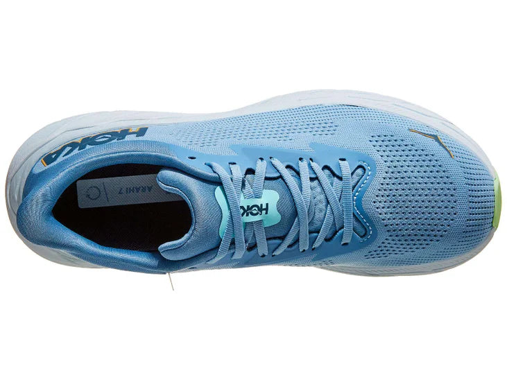 Men's Hoka Arahi 7. Light Blue upper. White midsole. Top view.