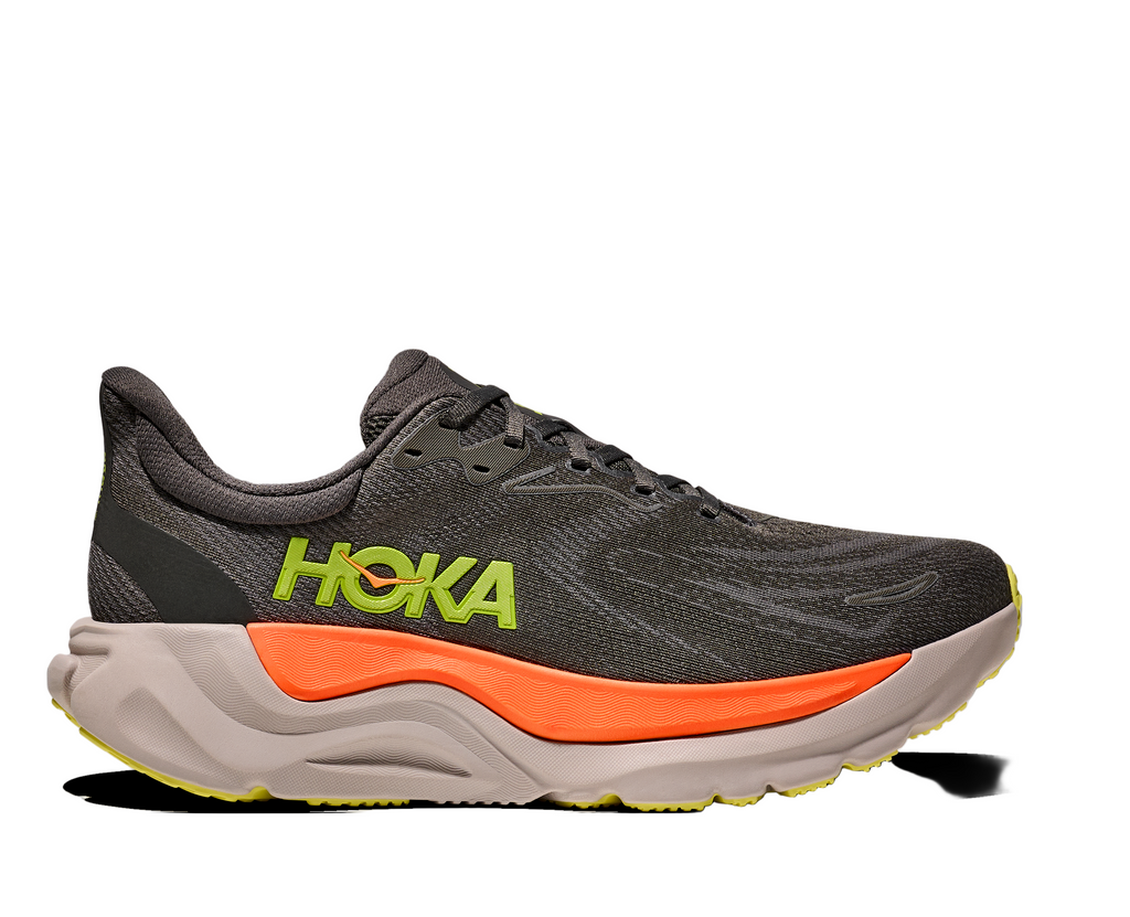 Men's Hoka Arahi 8. Grey upper. Orange and white midsole. Lateral view.