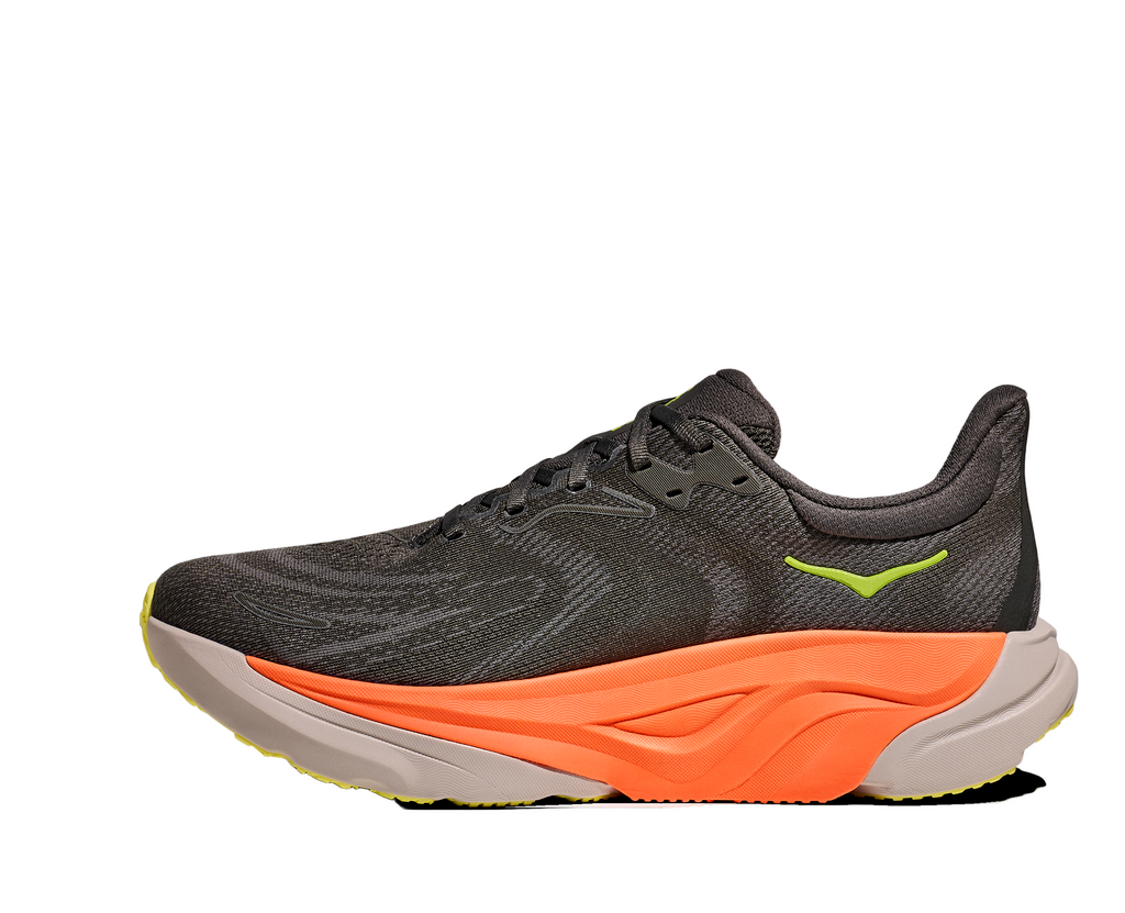 Men's Hoka Arahi 8. Grey upper. Orange and white midsole. Medial view.