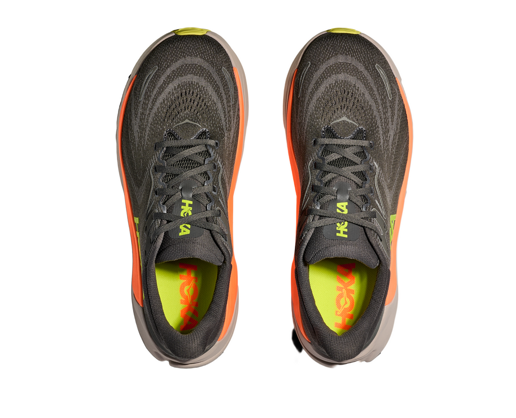 Men's Hoka Arahi 8. Grey upper. Orange and white midsole. Top view.