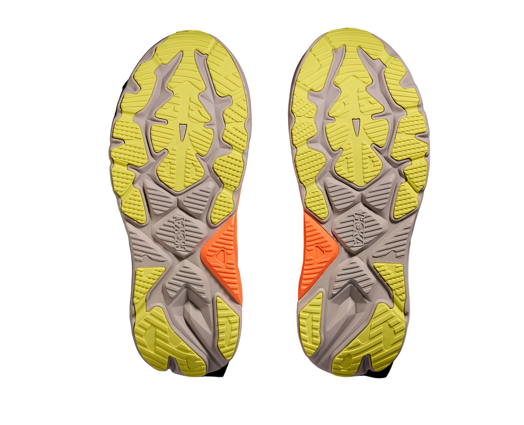 Men's Hoka Arahi 8. Grey upper. Orange and white midsole. Bottom view.