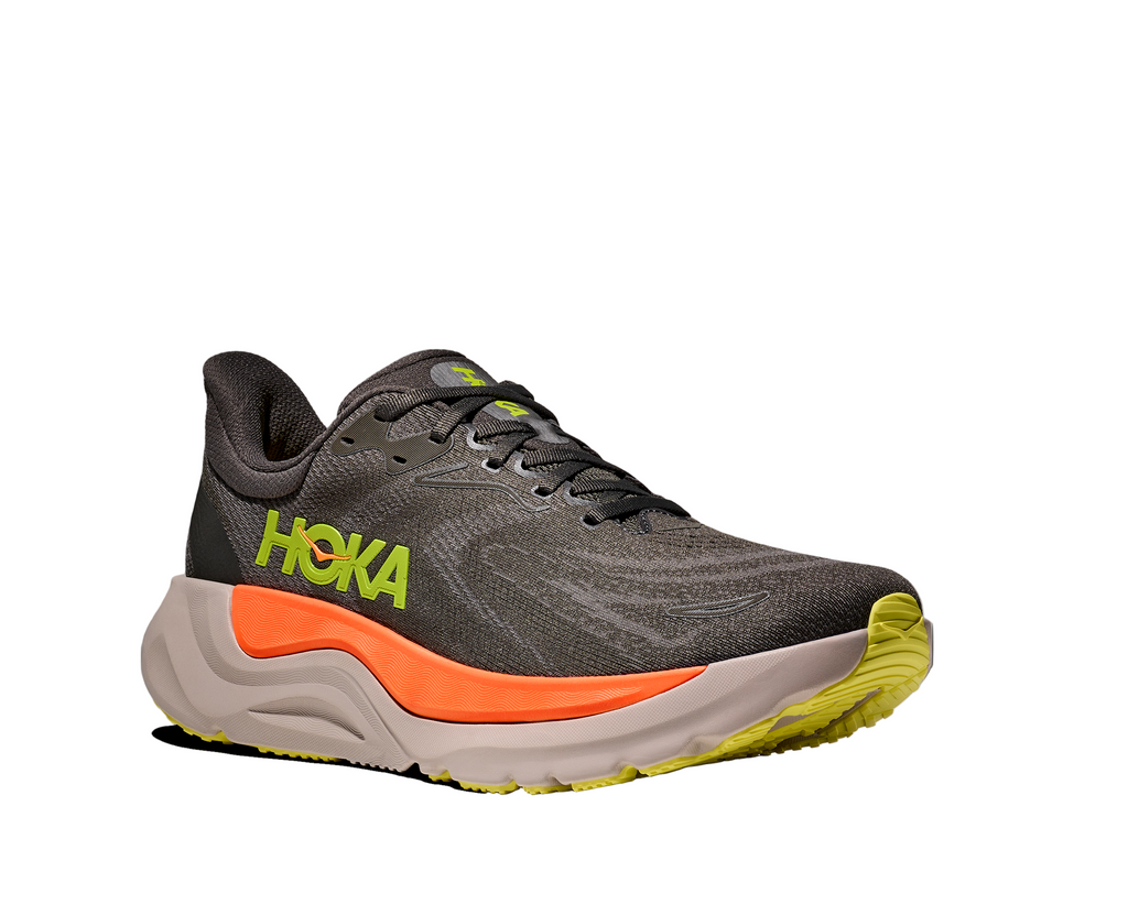Men's Hoka Arahi 8. Grey upper. Orange and white midsole. Lateral view.