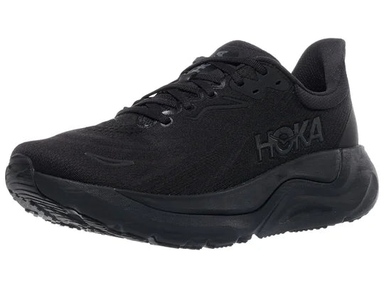 Men's Hoka Arahi 8. Black upper. Black midsole. Lateral view.