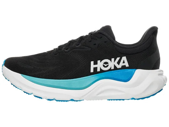 Men's Hoka Arahi 8. Black upper. White midsole. Lateral view.