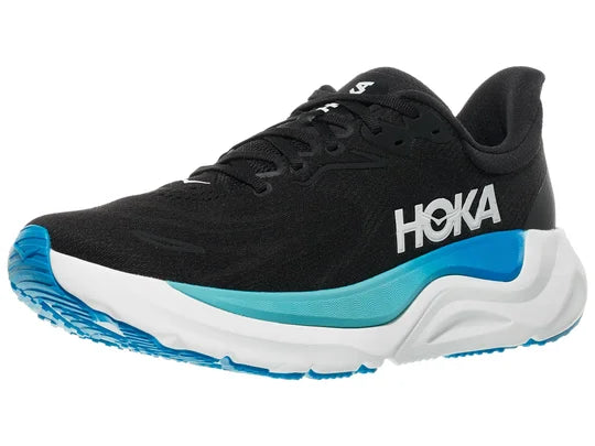 Men's Hoka Arahi 8. Black upper. White midsole. Lateral view.