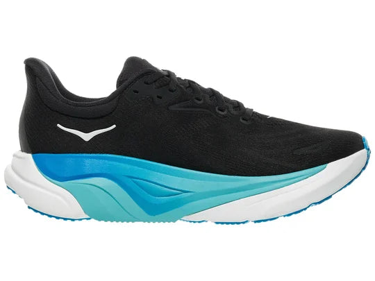 Men's Hoka Arahi 8. Black upper. White midsole. Medial view.