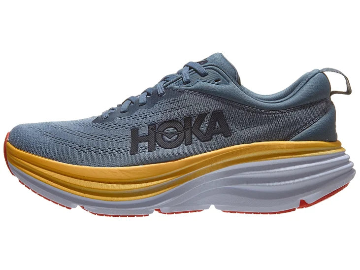 Men's Hoka Bondi 8. Blue/grey upper. Yellow/white midsole. Lateral view.