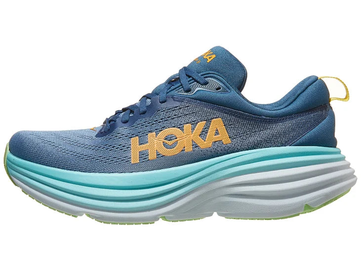 Men's Hoka Bondi 8. Blue/Green upper. White midsole. Lateral view.