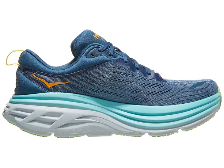 Men's Hoka Bondi 8. Blue/Green upper. White midsole. Medial view.