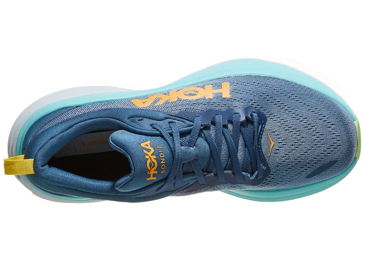 Men's Hoka Bondi 8. Blue/Green upper. White midsole. Top view.