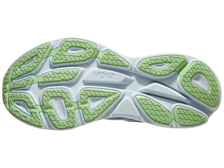 Men's Hoka Bondi 8. Blue/Green upper. White midsole. Bottom view.