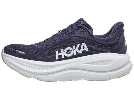 Men's Hoka Bondi 9. Navy blue upper. White midsole. Lateral view. 