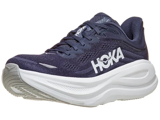 Men's Hoka Bondi 9. Navy blue upper. White midsole. Lateral view. 