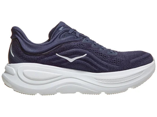 Men's Hoka Bondi 9. Navy blue upper. White midsole. Medial view. 