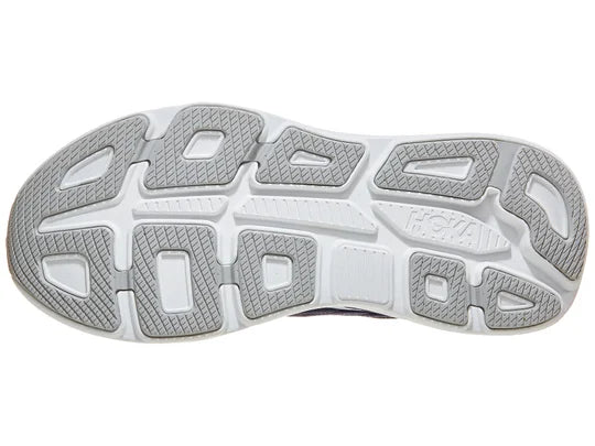 Men's Hoka Bondi 9. Navy blue upper. White midsole. Bottom view. 