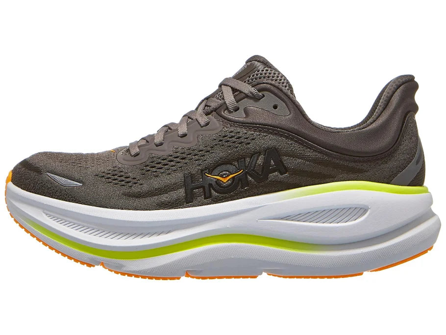 Men's Hoka Bondi 9. Grey upper. White midsole. Lateral view.