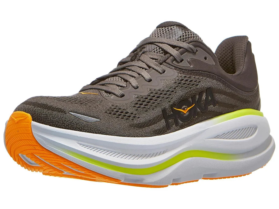 Men's Hoka Bondi 9. Grey upper. White midsole. Lateral view.
