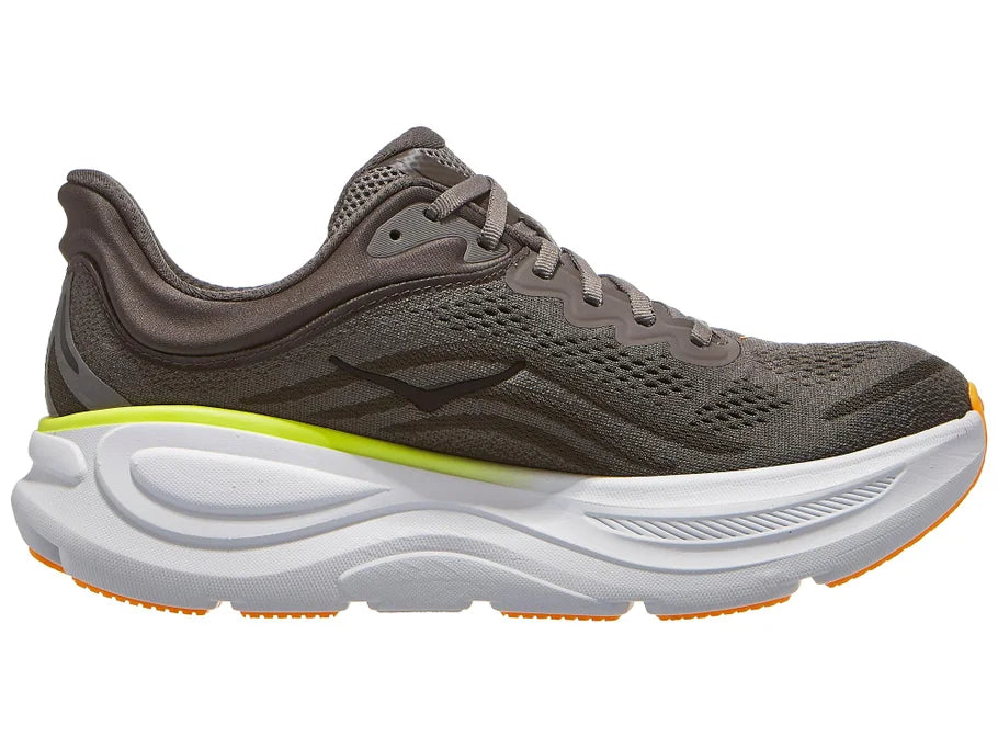 Men's Hoka Bondi 9. Grey upper. White midsole. Medial view.