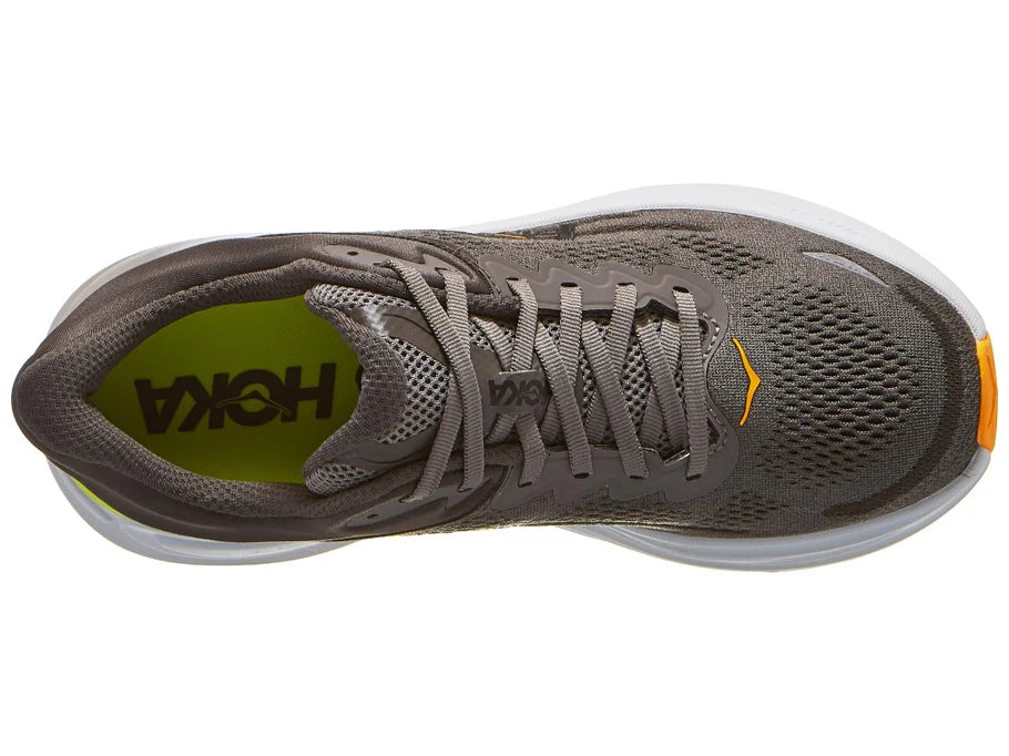 Men's Hoka Bondi 9. Grey upper. White midsole. Top view.