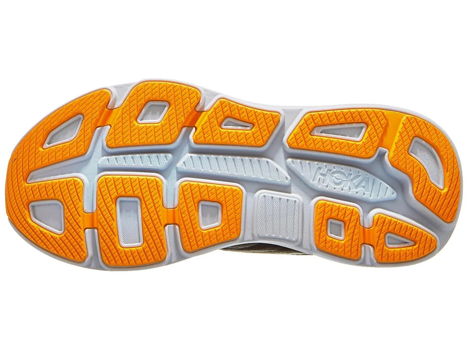 Men's Hoka Bondi 9. Grey upper. White midsole. Bottom view.