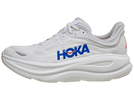 Men's Hoka Bondi 9. Grey upper. White midsole. Lateral view.
