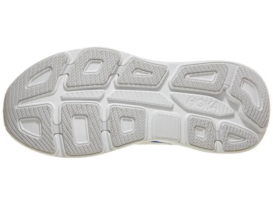 Men's Hoka Bondi 9. Grey upper. White midsole. Bottom view.