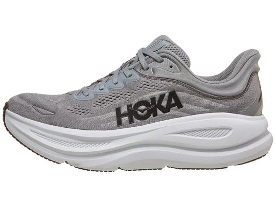 Men's Hoka Bondi 9. Grey upper. White midsole. Lateral view.