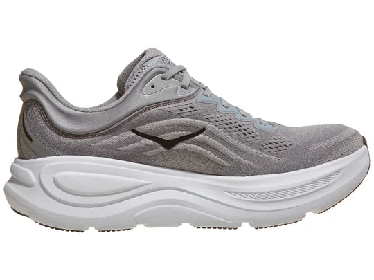 Men's Hoka Bondi 9. Grey upper. White midsole. Medial view.