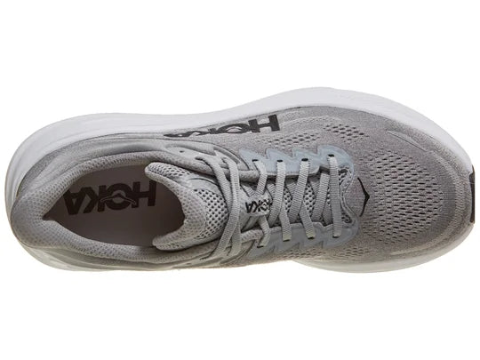 Men's Hoka Bondi 9. Grey upper. White midsole. Top view.