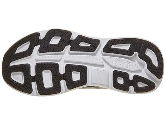 Men's Hoka Bondi 9. Grey upper. White midsole. Bottom view.