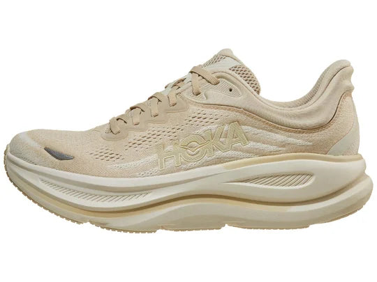 Men's Hoka Bondi 9. Cream upper. Cream midsole. Lateral view. 