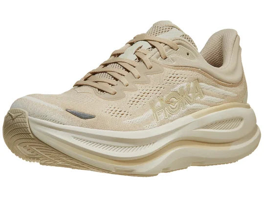 Men's Hoka Bondi 9. Cream upper. Cream midsole. Lateral view. 