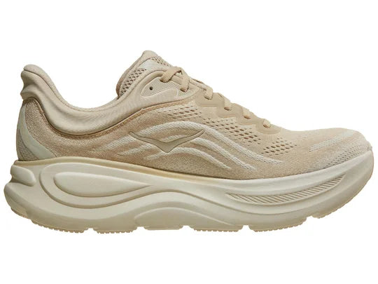 Men's Hoka Bondi 9. Cream upper. Cream midsole. Medial view.