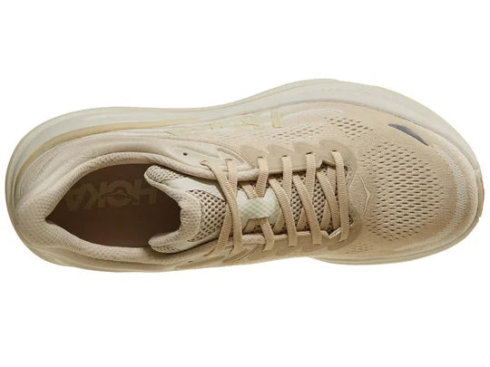 Men's Hoka Bondi 9. Cream upper. Cream midsole. Top view.