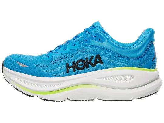 Men's Hoka Bondi 9. Blue upper. White midsole. Lateral view.