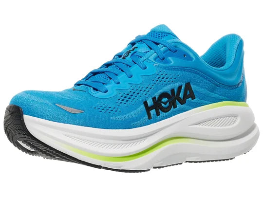 Men's Hoka Bondi 9. Blue upper. White midsole. Lateral view.