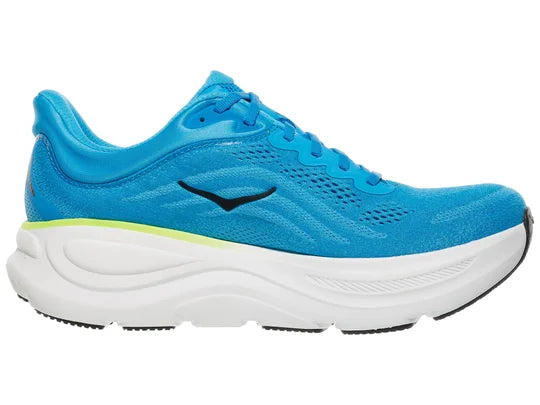 Men's Hoka Bondi 9. Blue upper. White midsole. Medial view.
