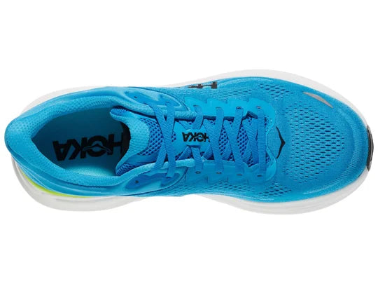 Men's Hoka Bondi 9. Blue upper. White midsole. Top view.