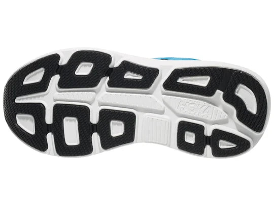 Men's Hoka Bondi 9. Blue upper. White midsole. Bottom view.