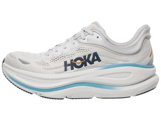 Men's Hoka Bondi 9. Grey upper. White midsole. Lateral view.
