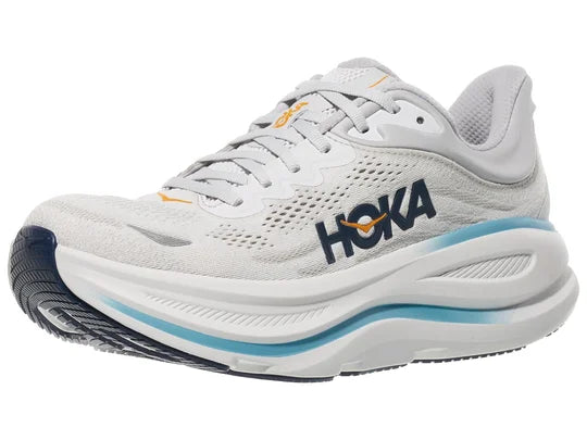 Men's Hoka Bondi 9. Grey upper. White midsole. Lateral view.