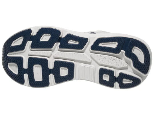 Men's Hoka Bondi 9. Grey upper. White midsole. Bottom view.