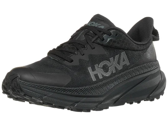 Men's Hoka Challenger 7 GTX. Black upper. Black midsole. Lateral view.
