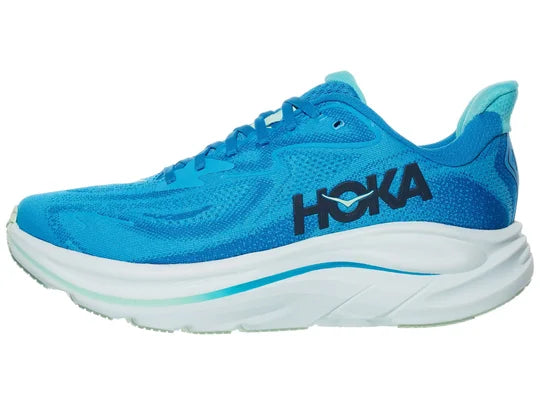 Men's Hoka Clifton 10. Blue upper. White midsole. Lateral view.